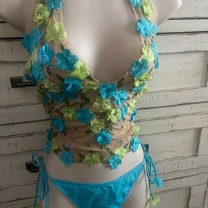 Victoria's Secret Vintage Floral Halter Bikini - Blue and Green Boho Sexy